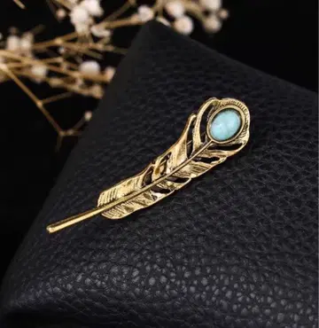 [ 새상품 ] 페더 깃털 모티브 브로치 터콰이즈풍 스톤 앤틱 골드