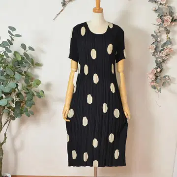 M~L 빅 도트 프린트 플리츠 원피스 반팔 여성용/블랙