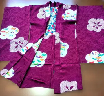 앤티크 순수 실크 기모노 보라색 꽃무늬 새 무늬 겉옷