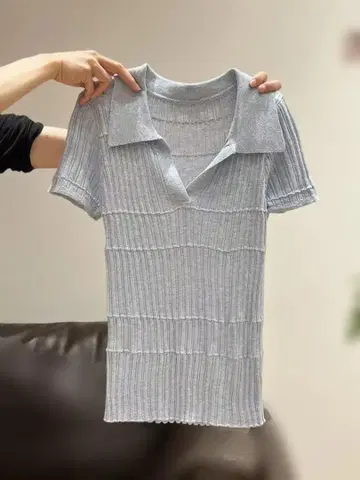 리브 니트 폴로 칼라 반팔 상의 그레이