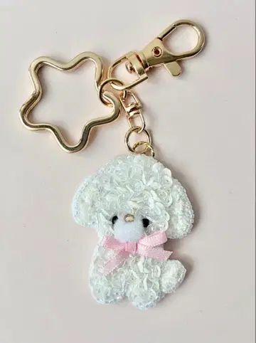 화이트 푸들 백참 비즈 자수 핸드메이드 핑크 리본