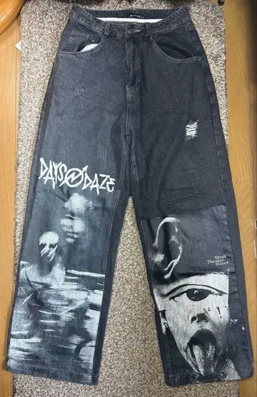 구제 의류 플레어 데님 그래픽 데님 시모키타자와 Y2K 펑크 블랙 데님