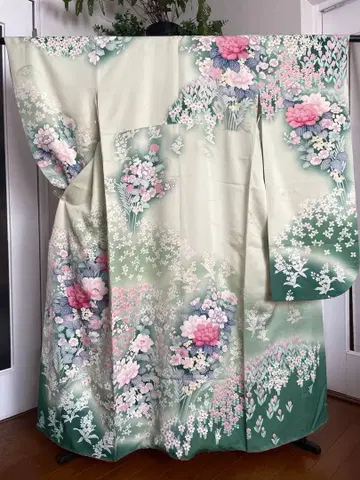 봄 후리소데 튤립 수선화 모란 민트색 녹색 순수 실크