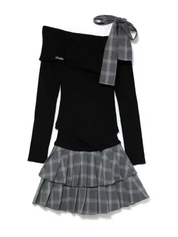 BUBBLES 리본 플리츠 셋업 블랙