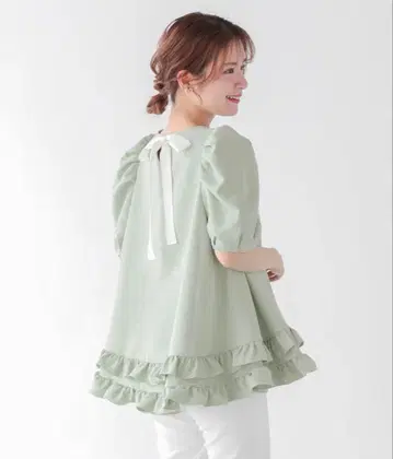 2단 프릴 백리본 풀오버 하프 슬리브