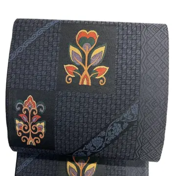 후쿠로 오비 네이비 나염 당초 무늬 리프 문양 격자 기모노 033b p