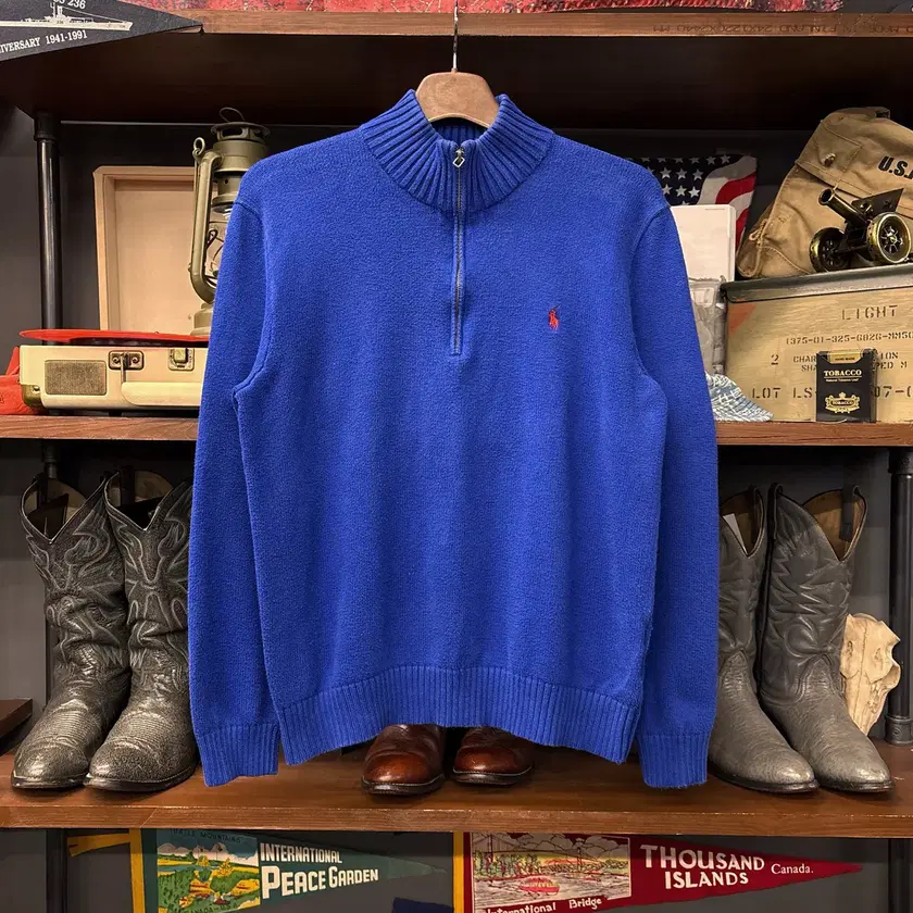 90s Polo Ralph Lauren chunky rib half-zip knit sweater cobalt blue N989 ...