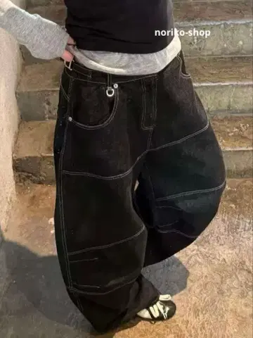 BADBLOOD 블랙 와이드 레그 데님 팬츠