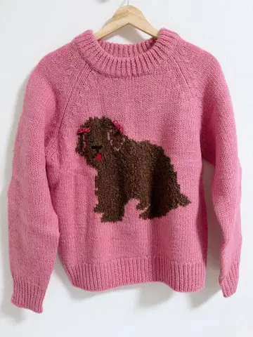 강아지 자수 핑크 니트 스웨터