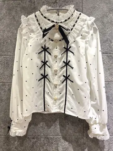 LIZLISA 오리지널 하트 도트 블라우스 화이트 x 블랙
