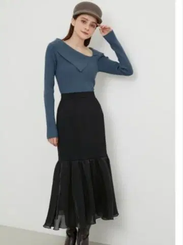 프릴 달린 블랙 롱 스커트 리엔다 머메이드 오간자 스커트