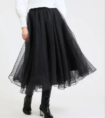 ESTNATION/오간자 튤 개더 스커트/도트/블랙 F