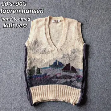 80s 90s 빈티지 니트 베스트 손뜨개 풍경 무늬 V넥 S