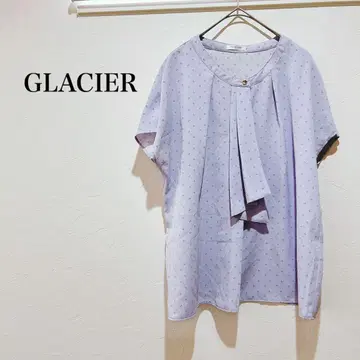 그라시아 반팔 블라우스 보라색 보타이 리본 노카라 포멀 기하학 패턴