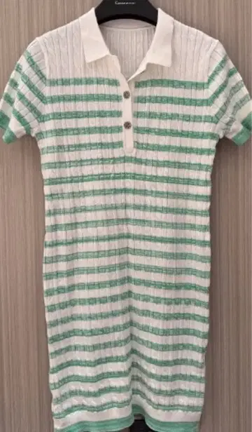 화이트 그린 보더 케이블 니트 폴로 원피스