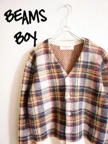 D222301 BEAMS BOY 모헤어 혼방 체크 가디건
