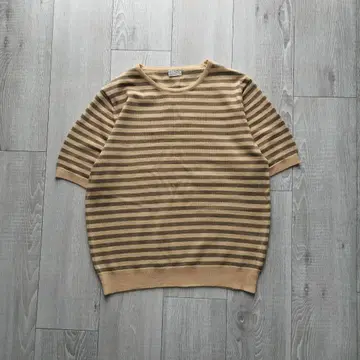 보더 썸머 니트 반팔 울 100% 베이지 레트로 심플