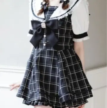 리본 포함 반팔 세일러 카라 셋업 블랙 체크