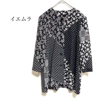 이엠라 패치워크풍 노카라 반팔 자켓 ( M ) 네이비 올 패턴 루즈핏