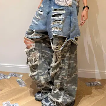 DIAVEL Y2K 레이어드 디자인/데미지 데님 와이드 팬츠 M