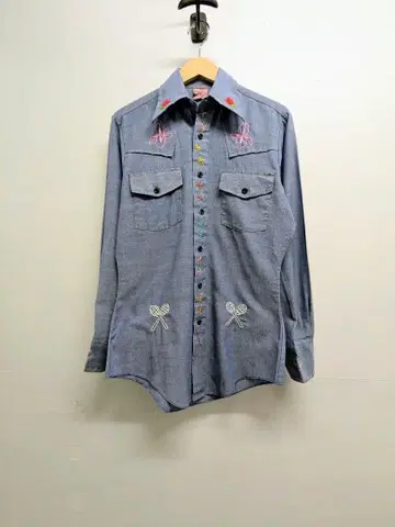 데님 셔츠 꽃과 리본 자수 샴브레이