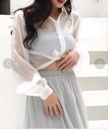 ROYAL PARTY 펄 장식 시스루 블라우스