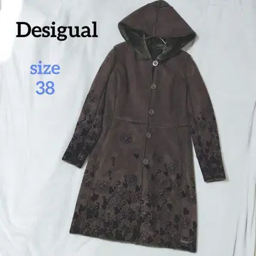 데시구알 페이크 무스탕 롱 코트 플로키 가공 꽃무늬 하트 후드