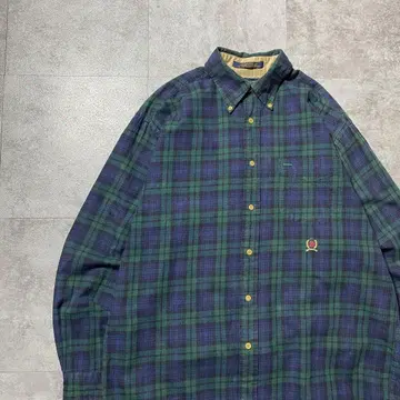 90s 타미힐피거 자수 로고 가슴 포켓 체크 올 패턴 버튼 다운 셔츠