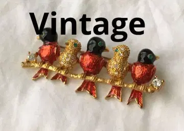 빈티지 작은 새 모티브 골드 브로치 에나멜 큐빅