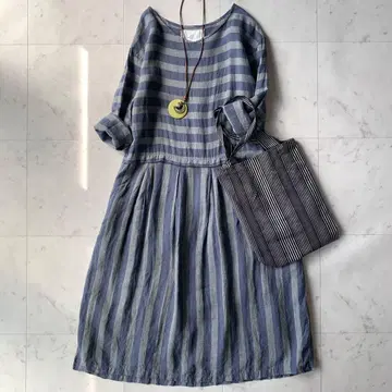 이치 앤티크스 린넨 절개 원피스 보더 스트라이프 린넨 100%