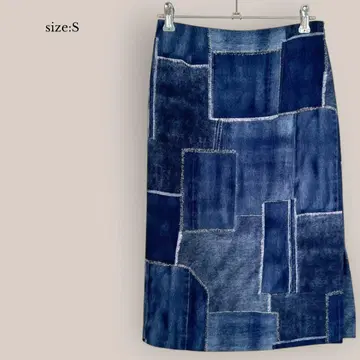 타이트 스커트 패치워크 데님풍 종아리 기장 블루 일본제