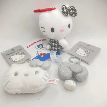 정품 헬로키티 키링 3종 세트 실버 하운드투스 체크 패턴