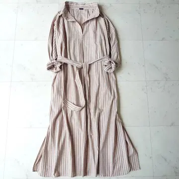 이치 스트라이프 롱 셔츠 원피스 스키퍼 긴팔 리본 포함