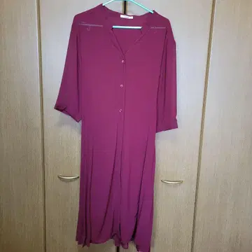 와인 레드 셔츠 원피스 7부 소매