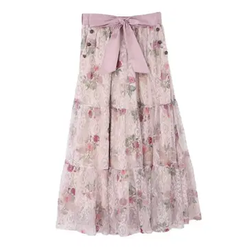 axes femme 꽃무늬 레이스 플레어 스커트 리본 히메로리 페미닌 봄
