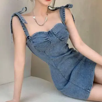숄더 리본 코르셋 데님 미니 원피스