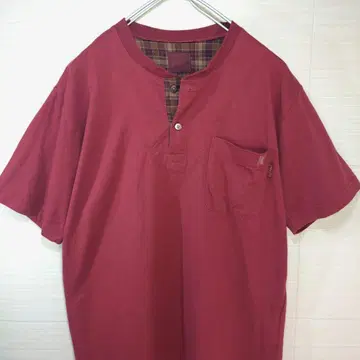 칼 헬무트 T셔츠 자수 로고 헨리넥 체크 와인 레드