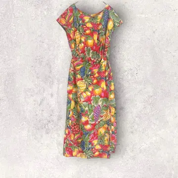 과일 패턴 반팔 셔츠 원피스 롱 기장 프렌치 슬리브 트로피컬 면 S