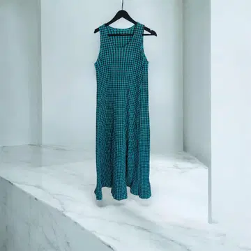 츠모리치사토 깅엄 롱 원피스 그린 면