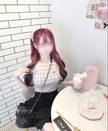 HONEY MEW 허니뮤우 더블 리본 깅엄 상의 프리 사이즈