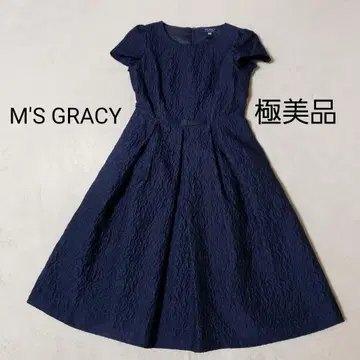 [ 컨디션 최상 ] M'S GRACY 엠보 자카드 리본 원피스 네이비