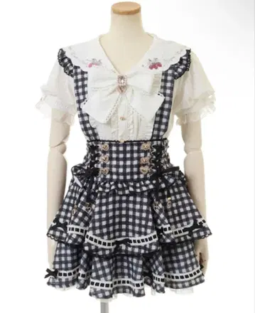 LIZLISA 리즈리사 사다리 리본 깅엄 티어드 치마바지