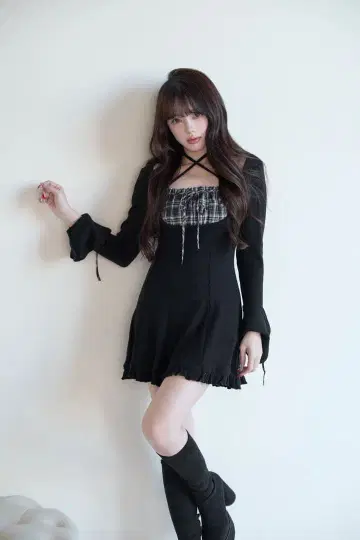 BunnyLis 체크 절개 리본 컷 원피스