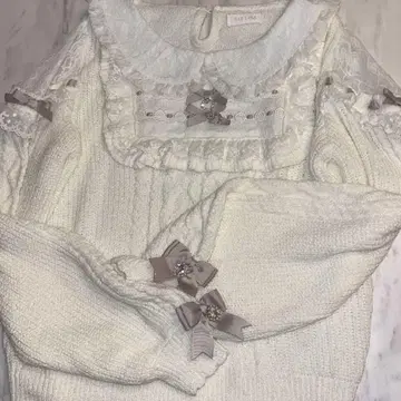 리즈리사 스퀘어 요크 레이스 프릴 니트 화이트 핑크 리본