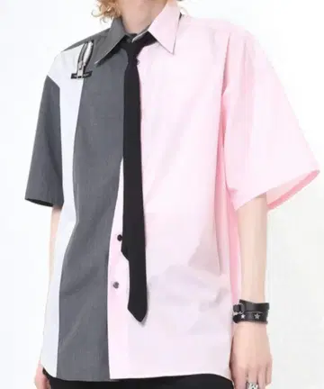 MILKBOY 언밸런스 셔츠 핑크 그레이 넥타이 남성용 반팔