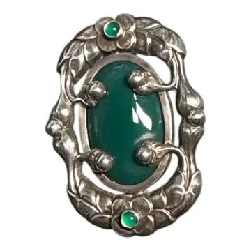 GEORG JENSEN 실버 꽃 무늬 그린석 브로치