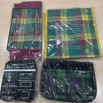 이세탄 체크 무늬 에코백 파우치 4종 세트 새상품
