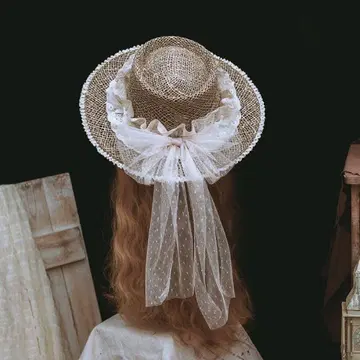 손뜨개질 스트로우 햇 레이스 리본 포함 내추럴 고급