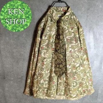 넥타이 셔츠 베이지 라이트 그린 보타니컬 올 패턴 빈티지 구제 의류