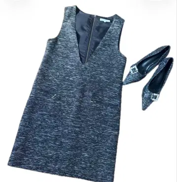 자유구 트위드 등 지퍼 무릎 기장 원피스